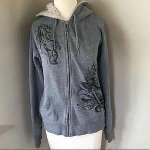 Roxy Grey Zip-Up Hoodie Cozy Hood Cute Details M